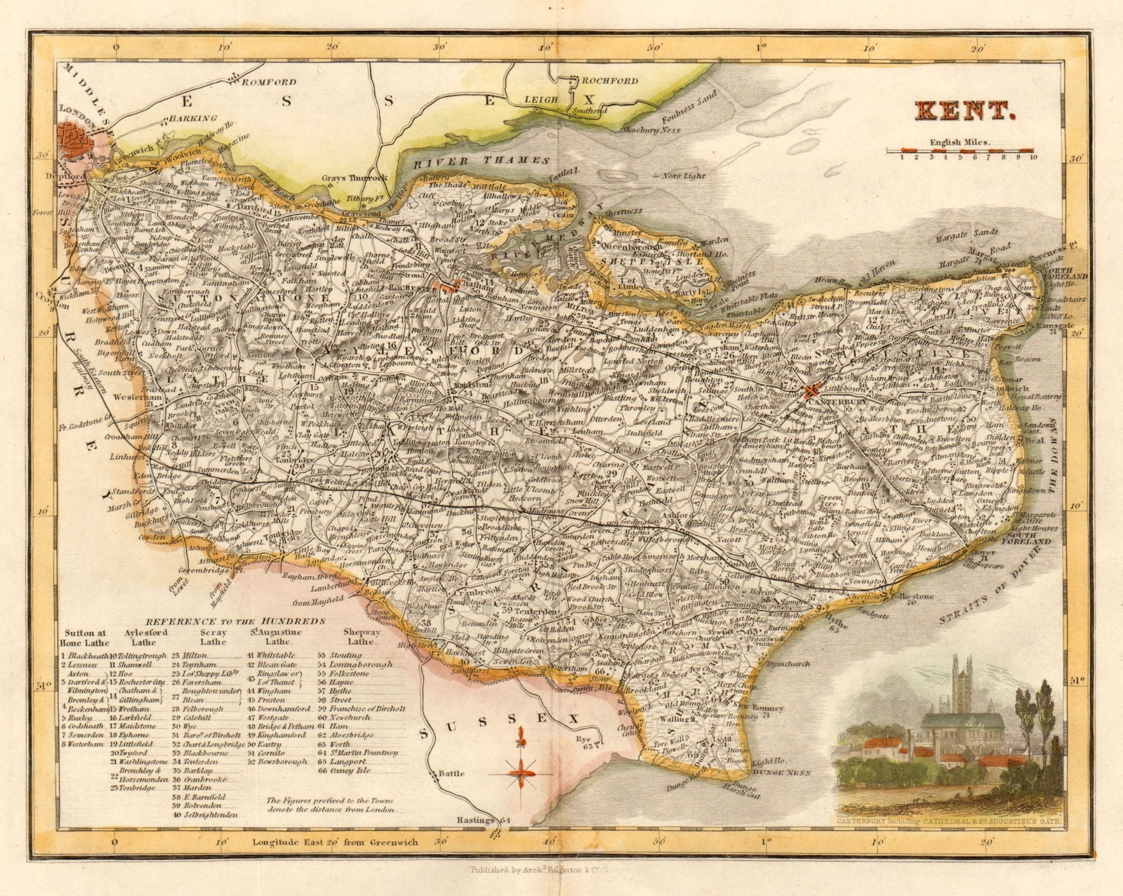 Antique county map of Kent by Archibald Fullarton. Hand coloured c1833 old